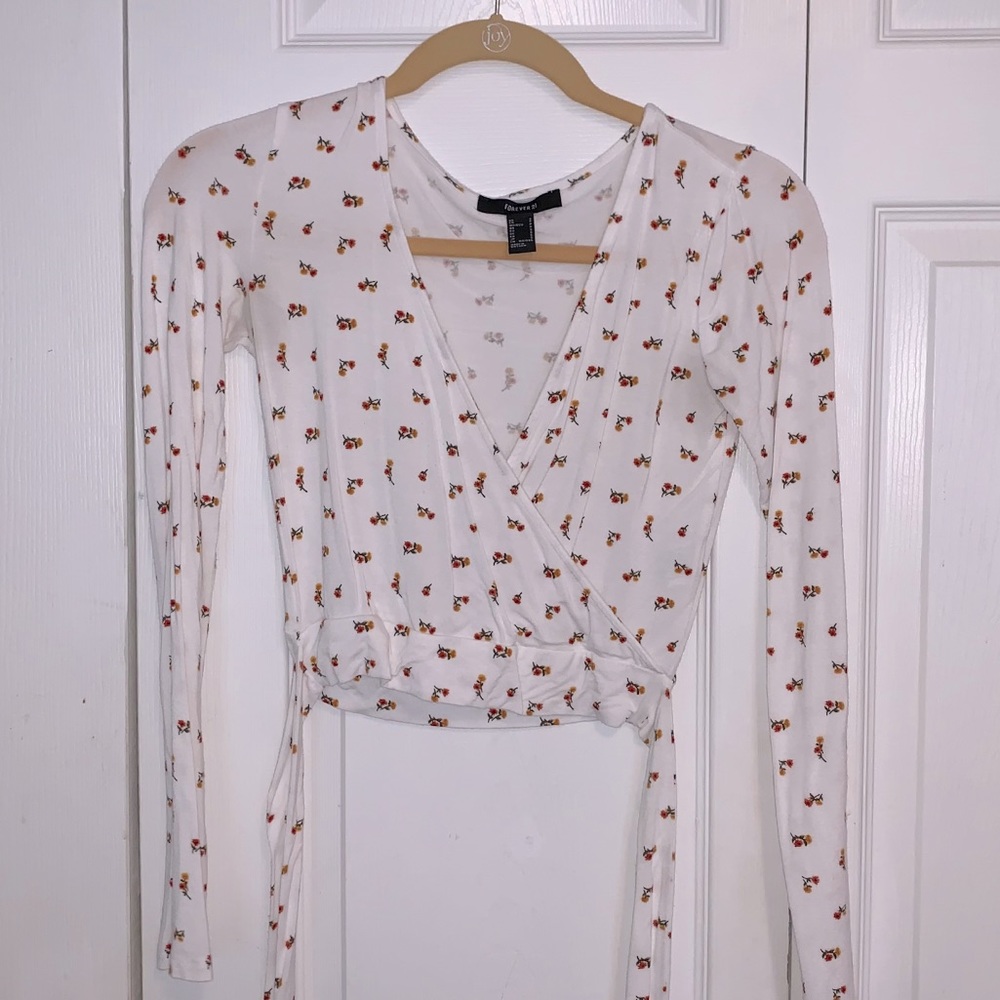 F21 White Floral Faux Wrap Top